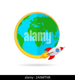 The spacecraft flies around the Earth. Colored space rocket with Globe Earth in flat design. Vector Illustration. Stock Vector