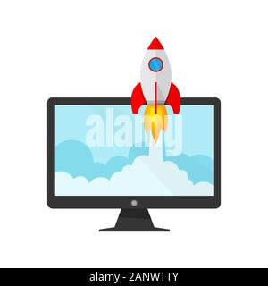 The spacecraft crashes outside monitor screen . Vector Illustration. Concept of business start-up. Stock Vector