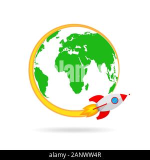 The spacecraft flies around the Earth. Colored space rocket with Globe Earth in flat design. Vector Illustration. Stock Vector