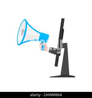 Loudspeaker or megaphone in the male hand coming out from screen of monitor. Blue megaphone and monitor, isolated on white background. Vector illustra Stock Vector