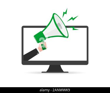 Loudspeaker or megaphone in the male hand coming out from screen of monitor. Green megaphone and monitor, isolated on white background. Vector illustr Stock Vector