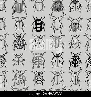 Monotone Beetles Black Linework Doodle Design Seamless Pattern on Grey Background Stock Vector