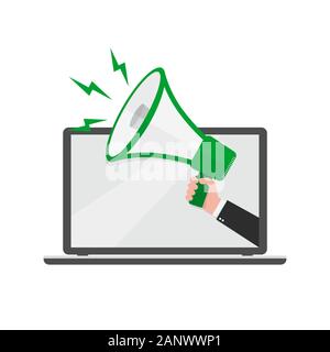 Loudspeaker or megaphone in the male hand coming out from screen of laptop. Green megaphone and laptop, isolated on white background. Vector illustrat Stock Vector