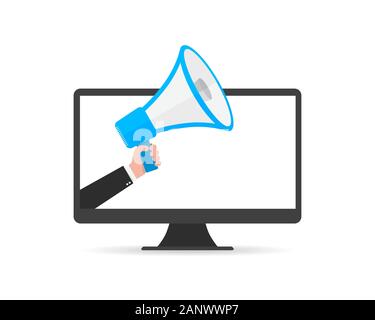 Loudspeaker or megaphone in the male hand coming out from screen of monitor. Blue megaphone and monitor, isolated on white background. Vector illustra Stock Vector