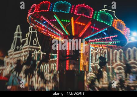 Moscow streets with New Year decoration, Christmas illumination on the Red Square, with Christmas market fair, with Saint Basil's Cathedral, Russia