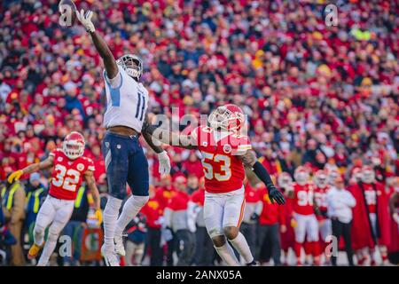 Kansas City, United States. 19th Jan, 2020. Tennessee Titans wide receiver A.J. Brown (11) misses a pass over Kansas City Chiefs inside linebacker Anthony Hitchens (53) in the second quarter during the AFC Championship game at Arrowhead Stadium in Kansas City, Missouri on Sunday, January 19, 2020. Photo by Kyle Rivas/UPI Credit: UPI/Alamy Live News Stock Photo