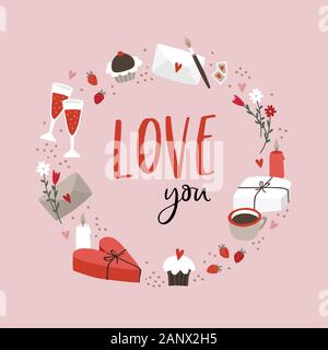 Valentines day or wedding greeting card, party invitation. Hand drawn wine glasses, letters, gift boxes and hearts. Love you text. Festive food, drink Stock Vector
