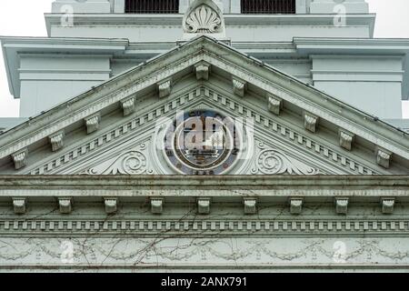 Prineville, Oregon - May 15, 2015: The State Seal is Displayed on the Pediment of the Crook County Courthouse Stock Photo