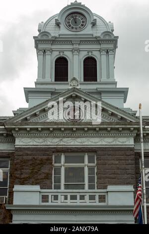 Prineville, Oregon - May 15, 2015: The Pediment and Cupola atop the Crook County Courthouse Stock Photo