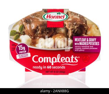 Winneconne, WI - 14 January 2019 : A package of Hormel compleats meatloaf and gravy with mashed potatoes on an isolated background Stock Photo