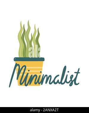 Minimalist graphic with a potted plant that and script text in a dark green on a white background.  Great for any minimalist concepts. Stock Photo