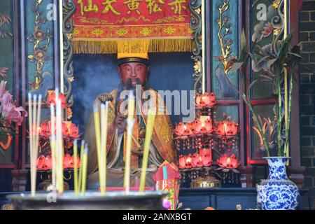 The alter and figure of Tam Kung at the Tam Kung Temple at Shau Kei Wan in Hong Kong. Stock Photo