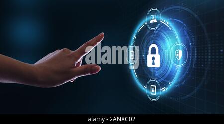 Cyber security data protection business technology privacy concept. Young businessman  select the icon security on the virtual display. Stock Photo
