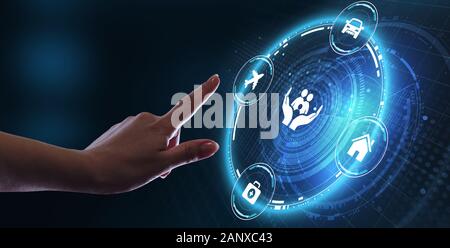 Insurance concept.  Client click on insure button. Insurance icons: car, travel, family and life insurance, financial and health. Stock Photo