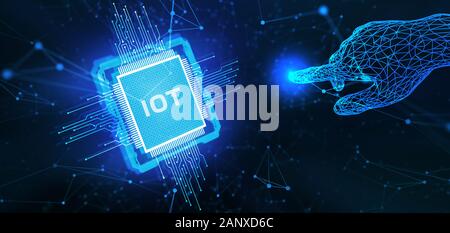 Internet of things - IOT concept. Businessman offer IOT products and solutions. Young businessman  select the abstract chip with text IoT on the virtu Stock Photo