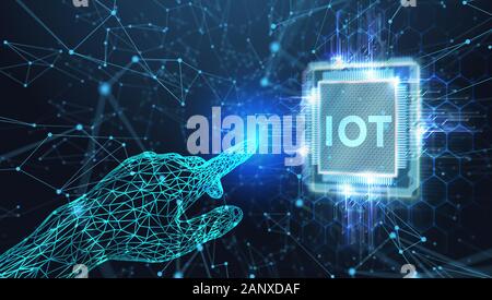 Internet of things - IOT concept. Businessman offer IOT products and solutions. Young businessman  select the abstract chip with text IoT on the virtu Stock Photo