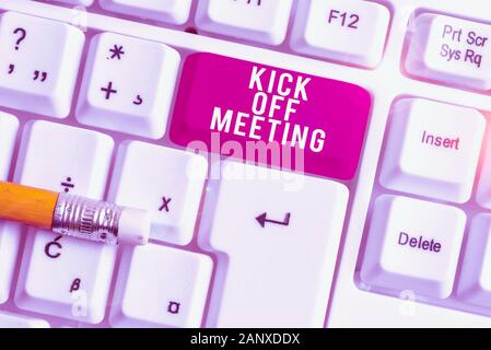 Handwriting text writing Kick Off. Concept meaning start or resumption of  football match in which player kicks ball Stock Photo - Alamy