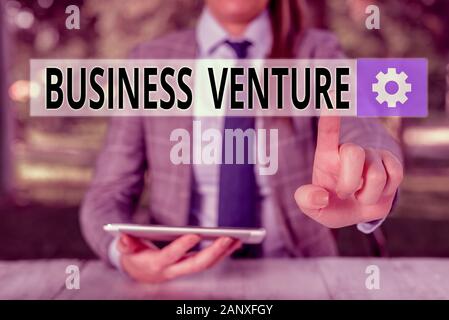 Conceptual Hand Writing Showing Business Venture Concept Meaning New Business That Is Formed With A Plan And Expect Gain Female Business Person Sitti Stock Photo Alamy
