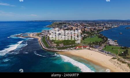 drone aerial fly by shot of fort scratchley in newcastle Stock Photo