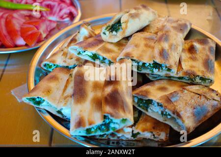 Turkish pide with vegetables and cheese. Prairie pita(pide) Stock Photo