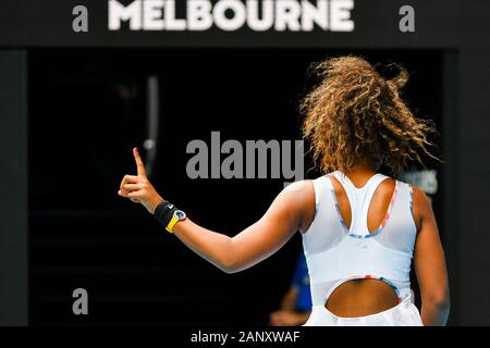 Melbourne, Australia. 20th Jan, 2020. Osaka Naomi of Japan gestures during the women's singles first round match against Marie Bouzkova of Czech Republic at 2020 Australian Open in Melbourne, Australia, Jan. 20, 2020. Credit: Zhu Wei/Xinhua/Alamy Live News Stock Photo