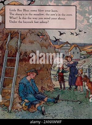 Little Boy Blue, come blow your horn. The sheep's in the meadow, the cows in the corn. What! Is this the way you mind your sheep. Under the haycock, fast asleep - Vintage illustration of a nursery rhyme Stock Photo