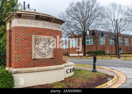 Tuscaloosa, AL / USA - December 29, 2019: Mal M. Moore Athletic Boulevard Entrance sign on the Campus of the University of Alabama