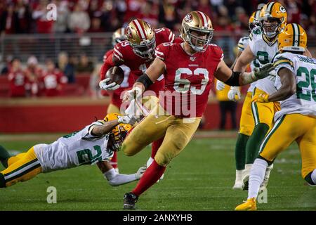 Santa Clara, CA, USA. 19th Jan, 2020. San Francisco 49ers free safety  JIMMIE WARD (20) and San Francisco 49ers defensive back EMMANUEL MOSELEY  (41) upend Green Bay Packers wide receiver ALLEN LAZARD (