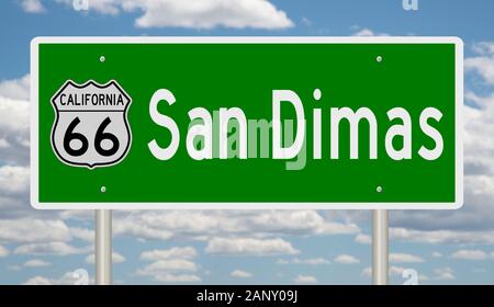 Rendering of a green 3d highway sign for San Dimas California on Route 66 Stock Photo