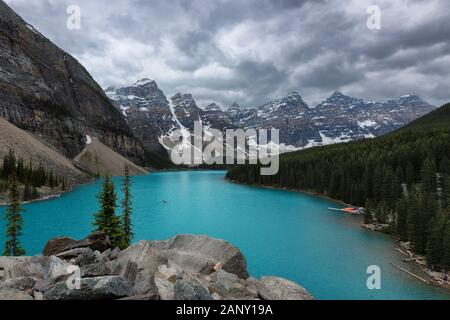 Rocky Mountains in cloudy day, Moraine Lake, Banff National Park, Canada Stock Photo