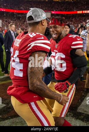 Santa Clara, CA, USA. 19th Jan, 2020. San Francisco 49ers free safety  JIMMIE WARD (20) and San Francisco 49ers defensive back EMMANUEL MOSELEY (41)  upend Green Bay Packers wide receiver ALLEN LAZARD (