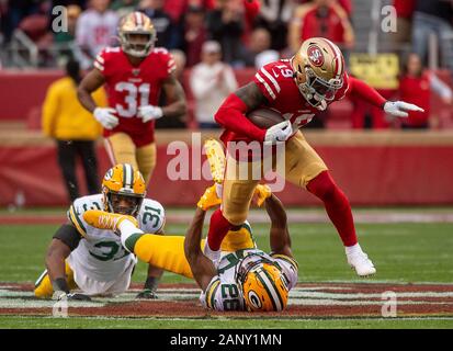 Santa Clara, CA, USA. 19th Jan, 2020. San Francisco 49ers free safety  Jimmie Ward (20) and San Francisco 49ers defensive back Emmanuel Moseley  (41) upends Green Bay Packers wide receiver Allen Lazard (