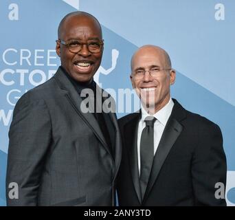 Los Angeles, United States. 19th Jan, 2020. (L-R) SAG-AFTRA Foundation President Courtney B. Vance and Jeffrey Katzenberg appear backstage during the 26th annual SAG Awards held at the Shrine Auditorium in Los Angeles on Sunday, January 19, 2020. The Screen Actors Guild Awards will be broadcast live on TNT and TBS. Photo by Jim Ruymen/UPI. Credit: UPI/Alamy Live News Stock Photo