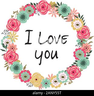 vector illustration of a floral vintage frame. retro flowers background. I love you valentine's day background. Stock Vector