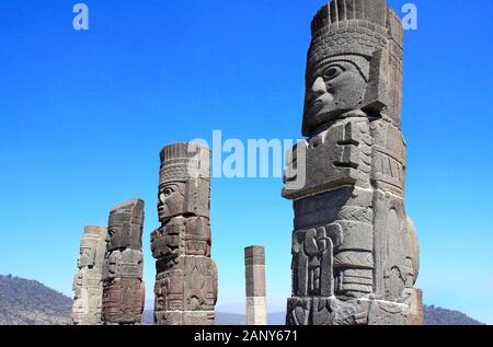 Famous Toltec Atlantes - columns on top Pyramid of Quetzalcoatl, Tula de Allende, Hidalgo state, Mexico. UNESCO world heritage site Stock Photo