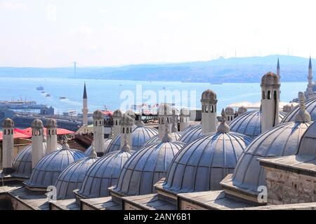 Aerial view from Suleymaniye Mosque on domes and Bosphorus, Istanbul, Turkey Stock Photo