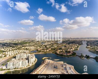 Aerial view of Dubai Jumeirah Lakes Towers skyline. Stock Photo