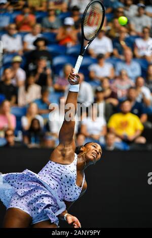 Melbourne, Australia. 20th Jan, 2020. Serena Williams of the United States serves to Anastasia Potapova of Russia during their women's singles first round match at the Australian Open tennis championship in Melbourne, Australia on Jan. 20, 2020. Credit: Zhu Wei/Xinhua/Alamy Live News Stock Photo