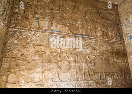 Relief and inscriptions of wall, Karnak Temple, Luxor, Egypt, North Africa, Africa Stock Photo