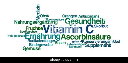 Word Cloud on a white background - Vitamin C (German) Stock Photo