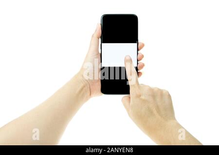 Woman hand holding black mobile phone with white screen at the background, smartphone blank screen Stock Photo