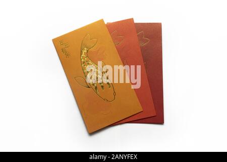 Picture of Isolated Ang Pao (Ang Paw, Ang Pow) with Fish Drawing. Translate: NianNianYouYu means Every Year Have More Stock Photo