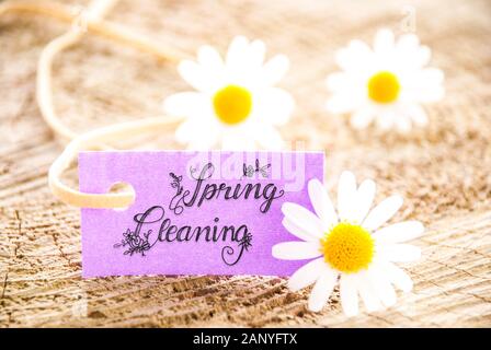 One Label With English Calligraphy Spring Cleaning. Daisy Flower Blossom On Wooden Background Stock Photo