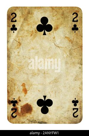 Two of Clubs Vintage playing card - isolated on white (clipping path included) Stock Photo