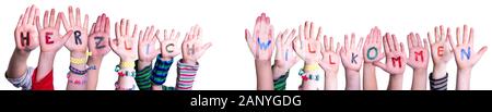 Children Hands Building Colorful German Word Herzlich Willkommen Mean Welcome. White Isolated Background Stock Photo