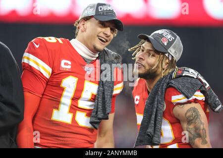 Kansas City Chiefs quarterback Patrick Mahomes (15) and strong safety Tyrann Mathieu (32) are all smiles during the trophy presentation after the AFC Championship, Sunday, Jan 19, 2020, in Kansas City, Mo. The Chiefs beat the Titans 35-24. (Photo by IOS/ESPA-Images) Stock Photo