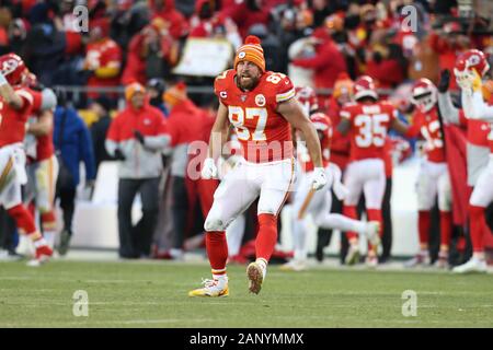 Kansas City Chiefs tight end Travis Kelce (87) gets the crowds cheering during the AFC Championship, Sunday, Jan 19, 2020, in Kansas City, Mo. The Chiefs beat the Titans 35-24. (Photo by IOS/ESPA-Images) Stock Photo