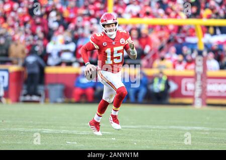 Kansas City Chiefs quarterback Patrick Mahomes (15) runs with the ball during the AFC Championship, Sunday, Jan 19, 2020, in Kansas City, Mo. The Chiefs beat the Titans 35-24. (Photo by IOS/ESPA-Images) Stock Photo