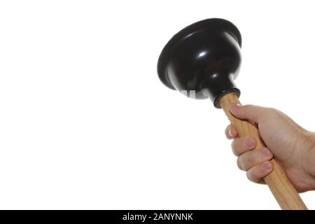 Isolated picture of a person holding a plunger Stock Photo
