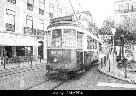 Digitally enhanced image of a Green tram in the crowded narrow streets of Lisbon, Portugal Stock Photo